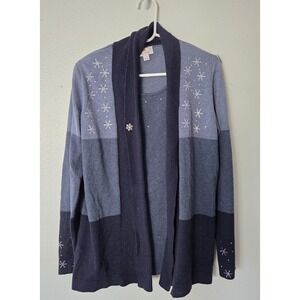 Quacker Factory Womens Medium Blue Holiday Sparkle Snowflake Faux 2PC Sweater